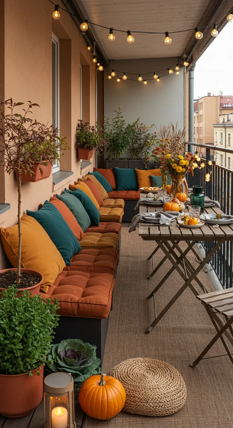 Balcon avec banquette en U, coussins colorés, table à manger automnale et citrouilles.