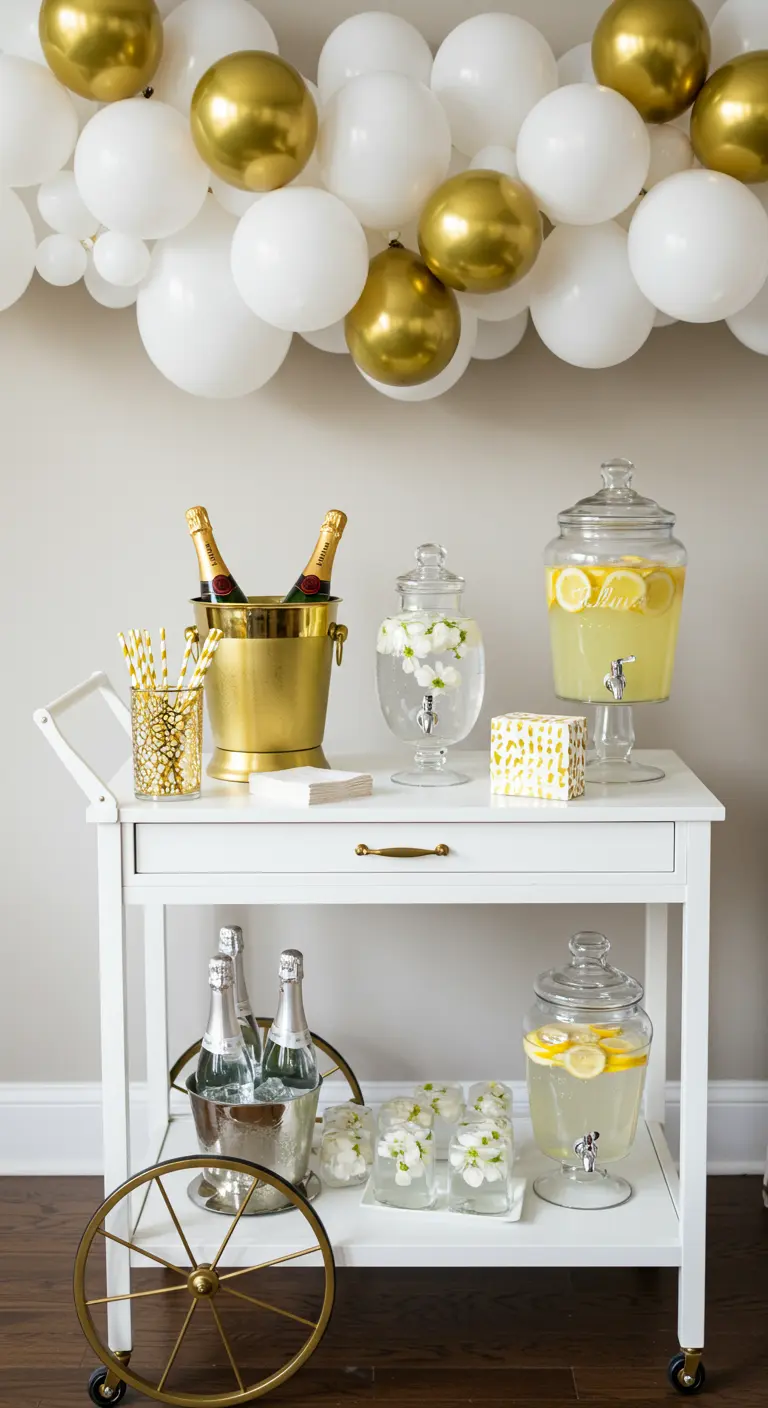 Chariot de service blanc avec seau à champagne doré, distributeurs de boissons et ballons.