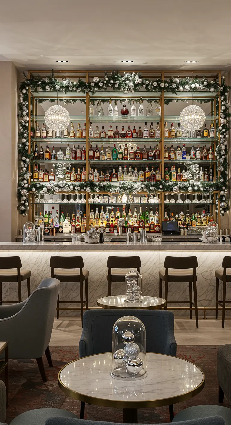 Bar chic avec étagères encadrées par une guirlande de Noël argentée.
