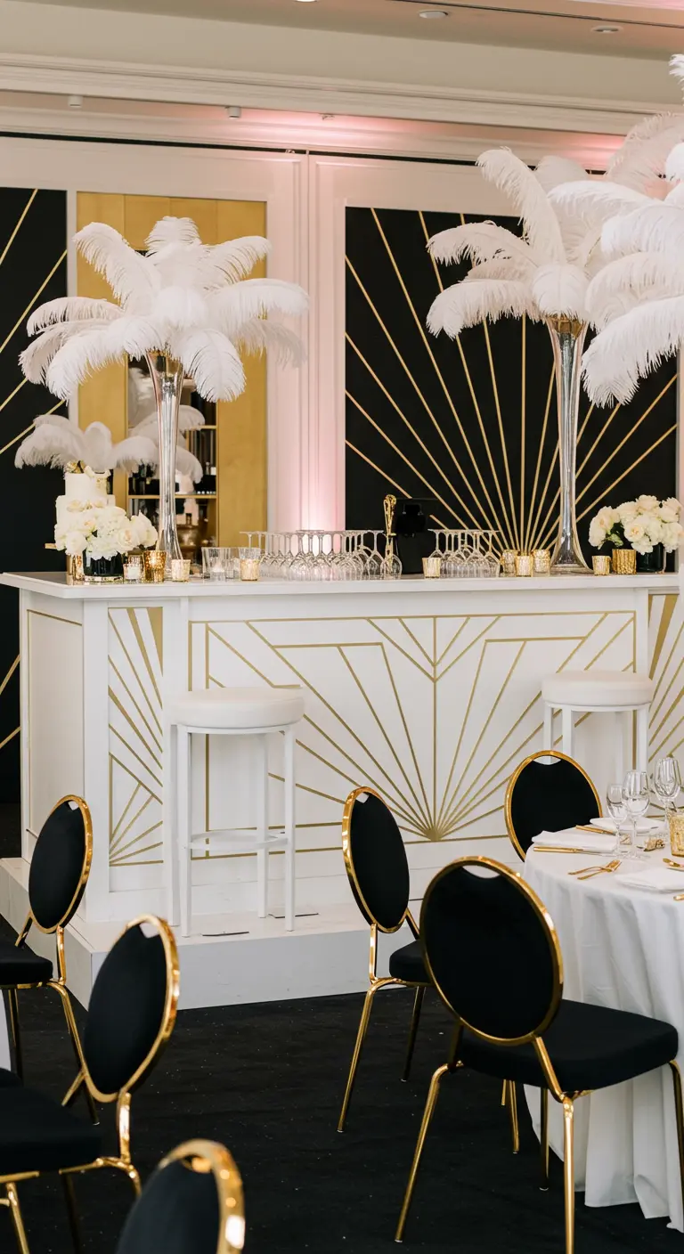 Bar de style Art déco blanc et or, décoré avec de grandes plumes d'autruche blanches.