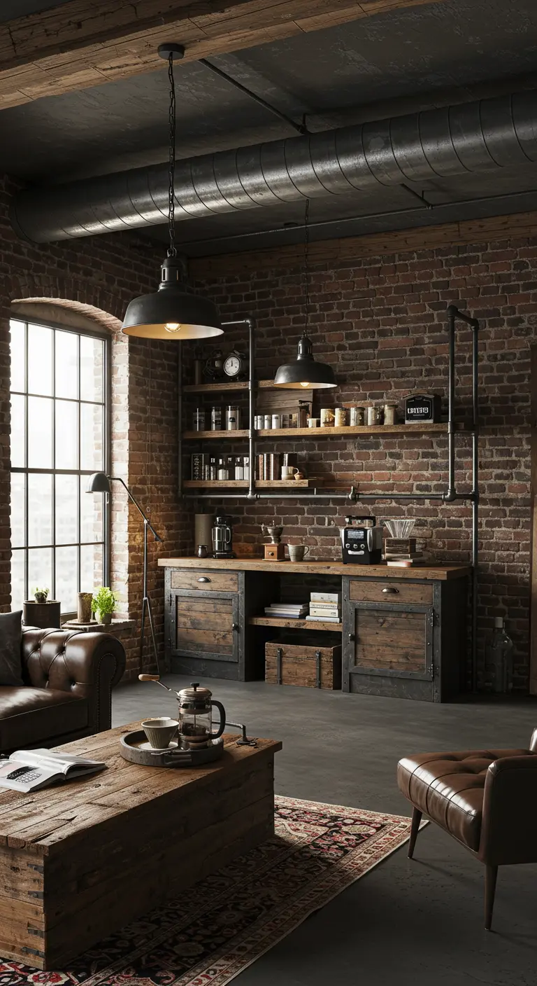 Coin café industriel avec meuble en bois brut, étagères en tuyaux et mur en briques.