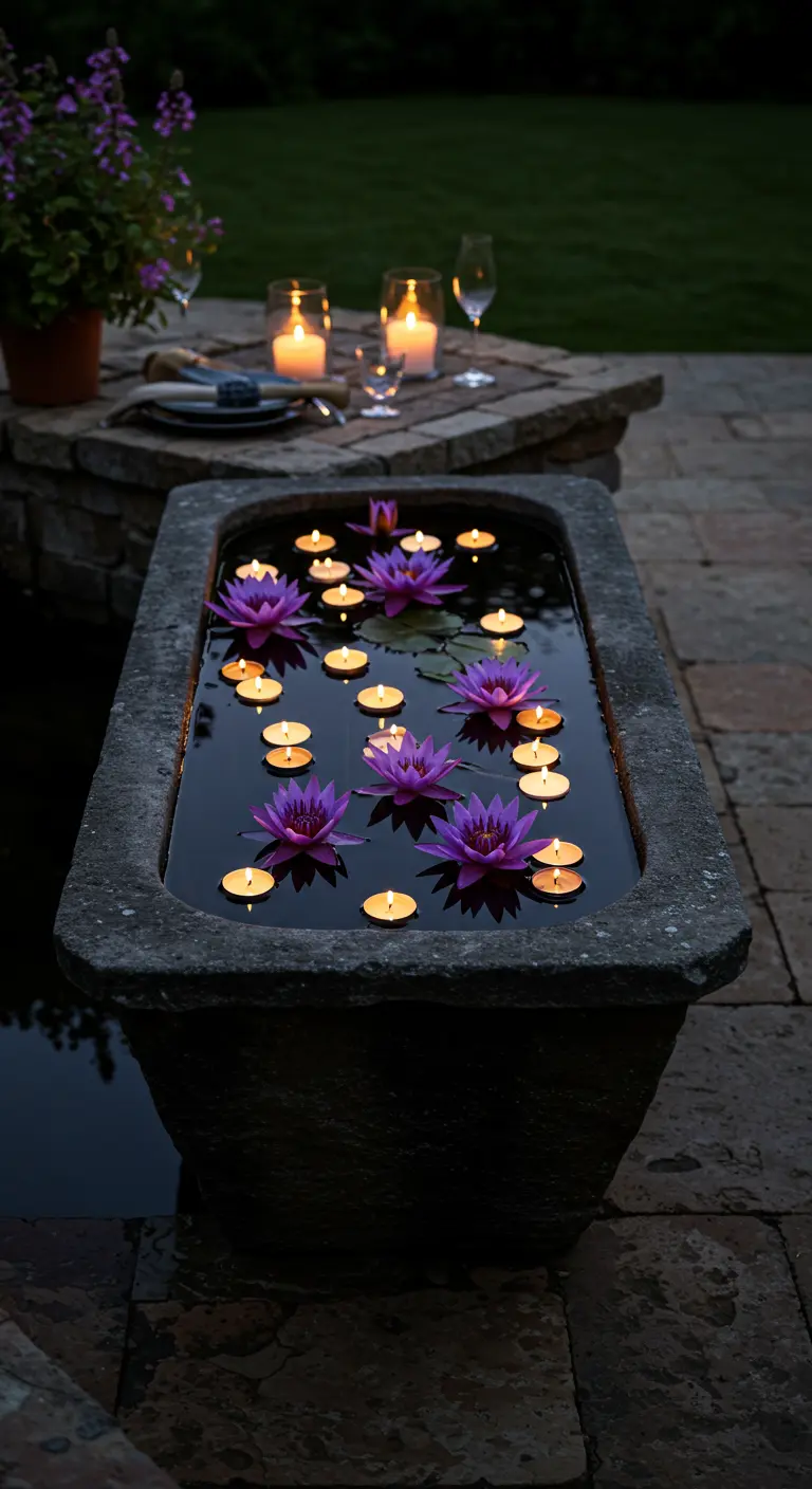 Bassin en pierre avec nénuphars violets et bougies flottantes la nuit.