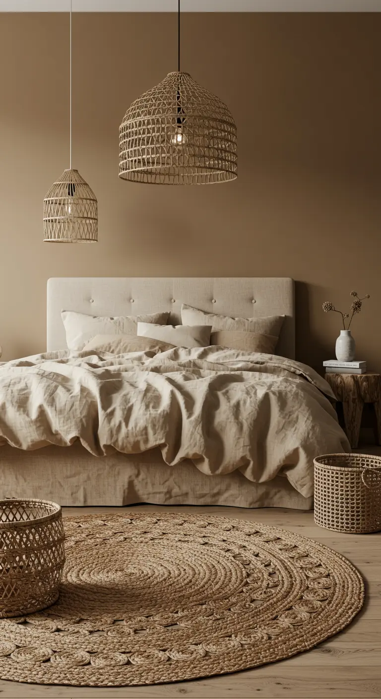 Chambre monochrome beige avec un lit en tissu, un tapis en jute et des paniers tressés.