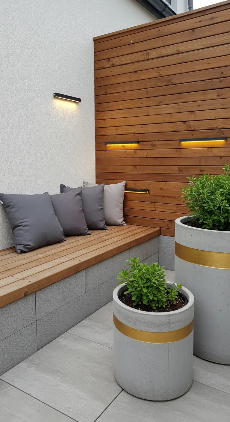 Jardinières modernes en béton avec une bande dorée décorative.