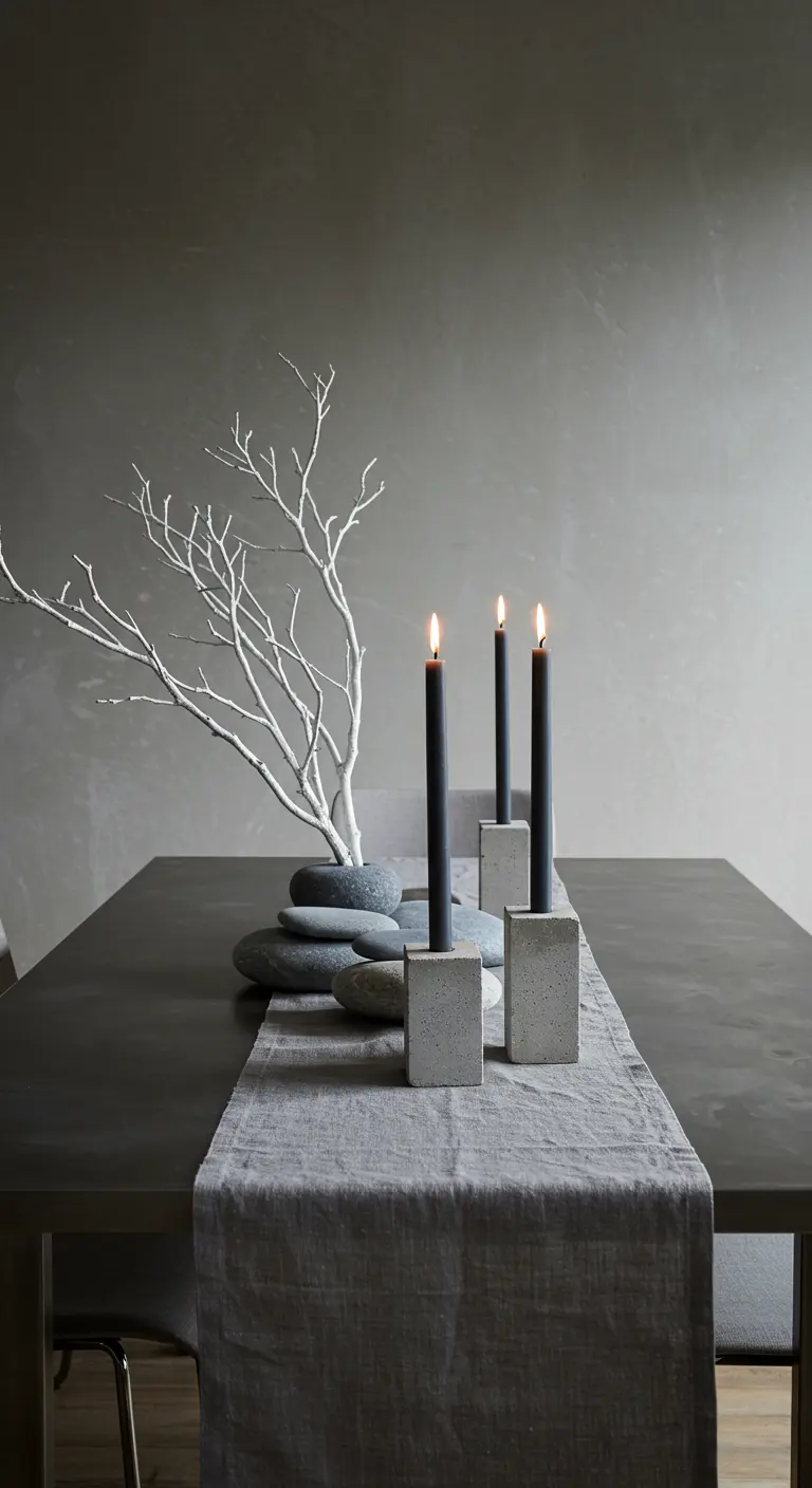Centre de table minimaliste avec chemin de table gris, pierres et bougeoirs en béton.