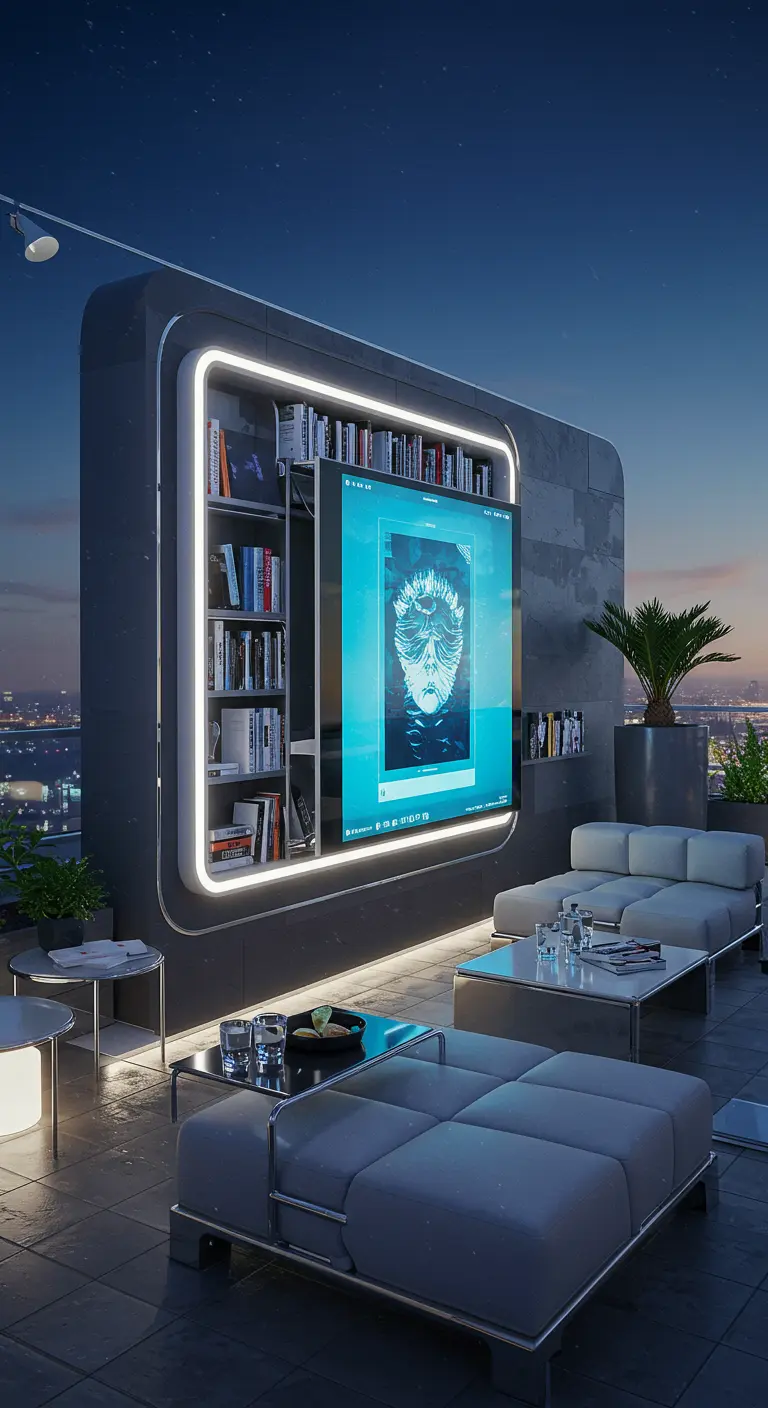 Bibliothèque murale futuriste avec écran intégré sur un toit-terrasse.