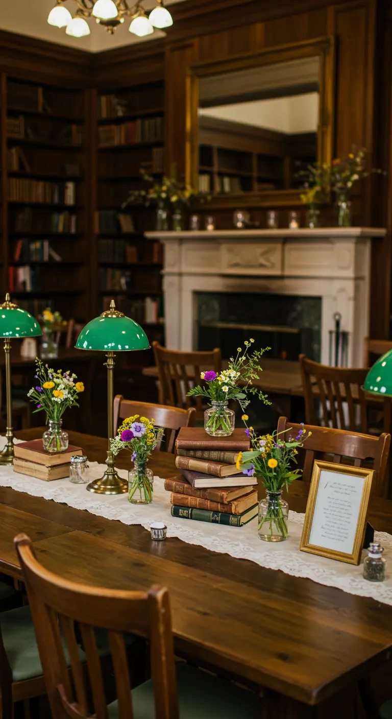 Longue table en bois dans une bibliothèque, décorée de livres anciens, de fleurs en bocaux et de lampes.