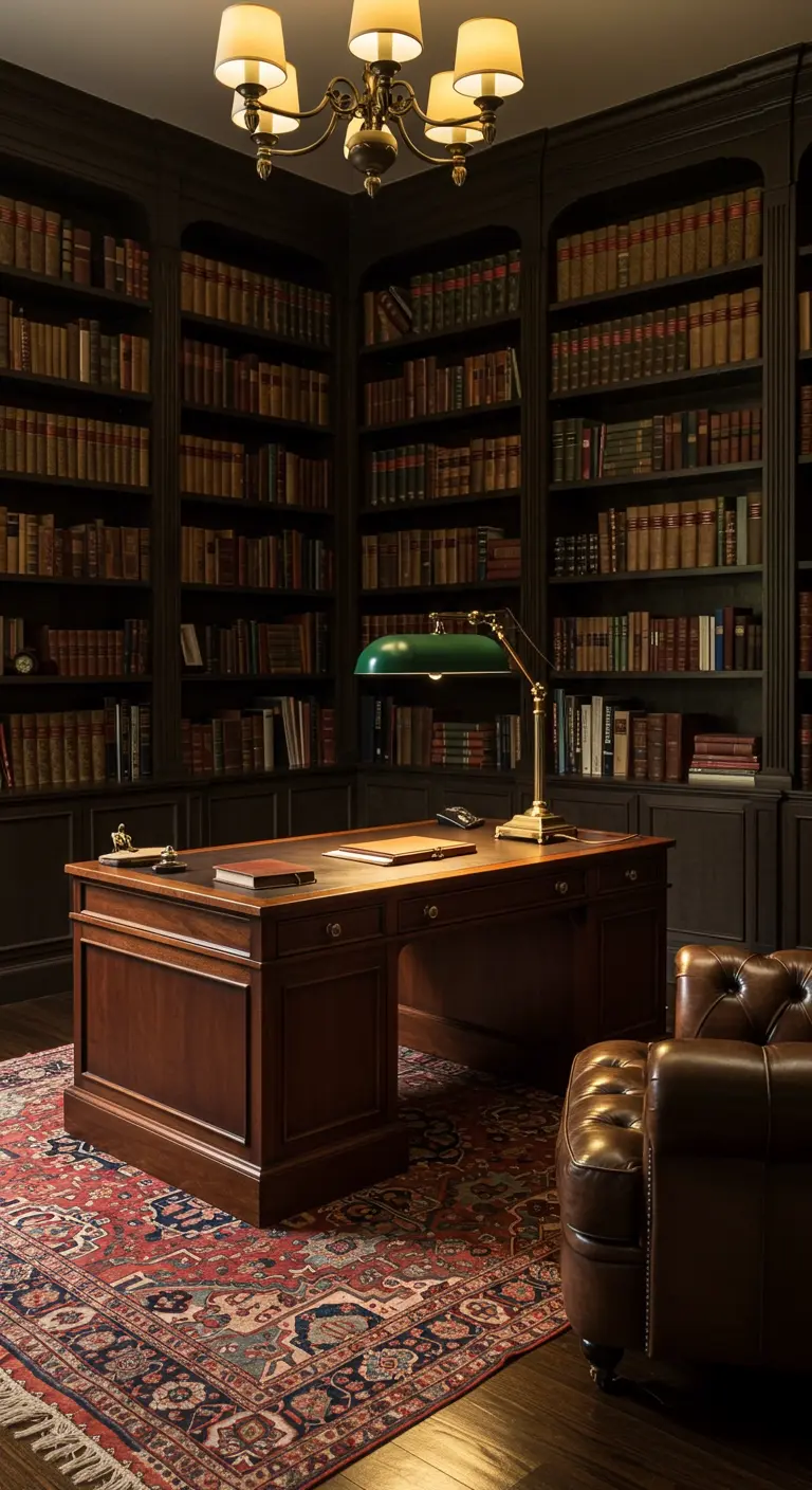 Bureau majestueux dans une bibliothèque sombre avec des murs de livres, éclairé par une lampe verte.