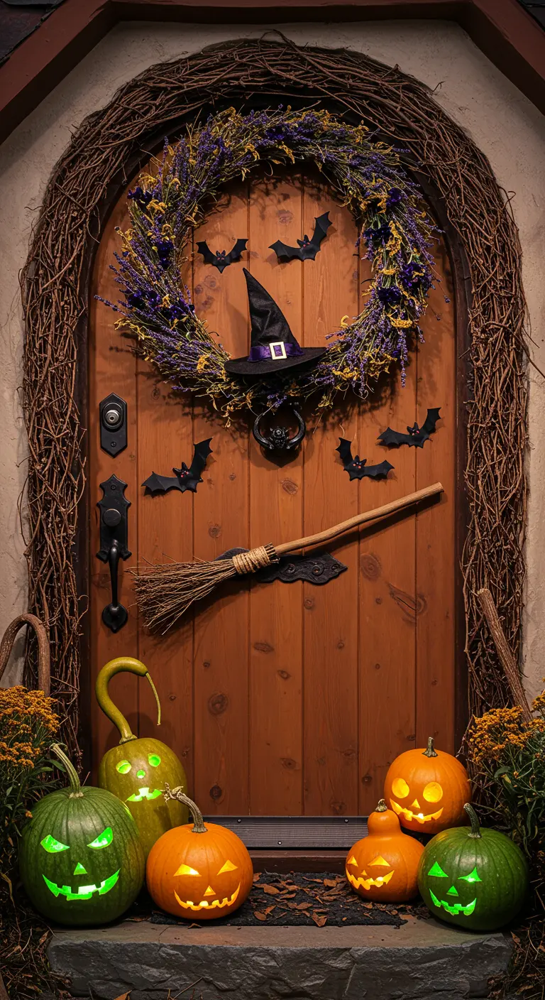 Porte en bois avec une couronne de sorcière, un balai et des citrouilles vertes illuminées.