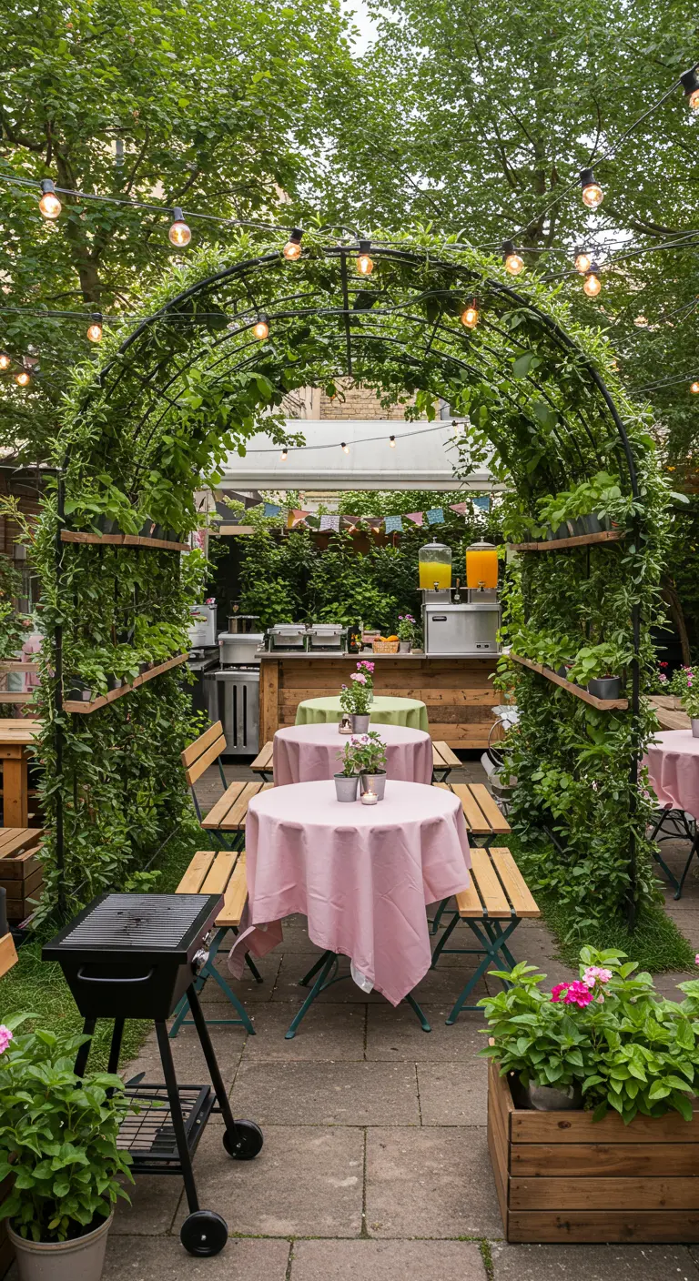 Tables de bistro sous une arche métallique recouverte de verdure dans un jardin de ville.