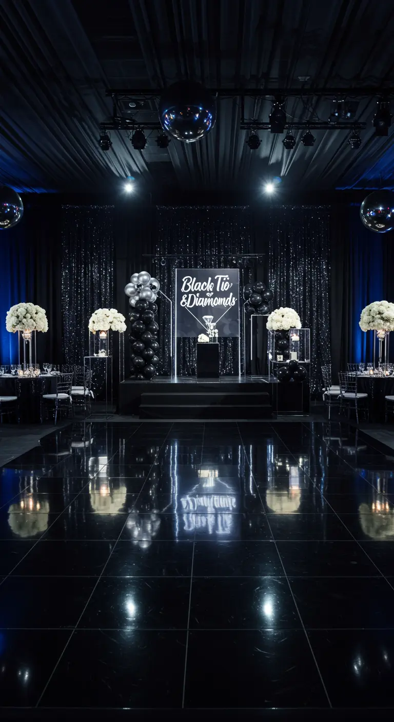 Salle de réception noire avec rideaux pailletés, panneau lumineux et piste de danse noire brillante.