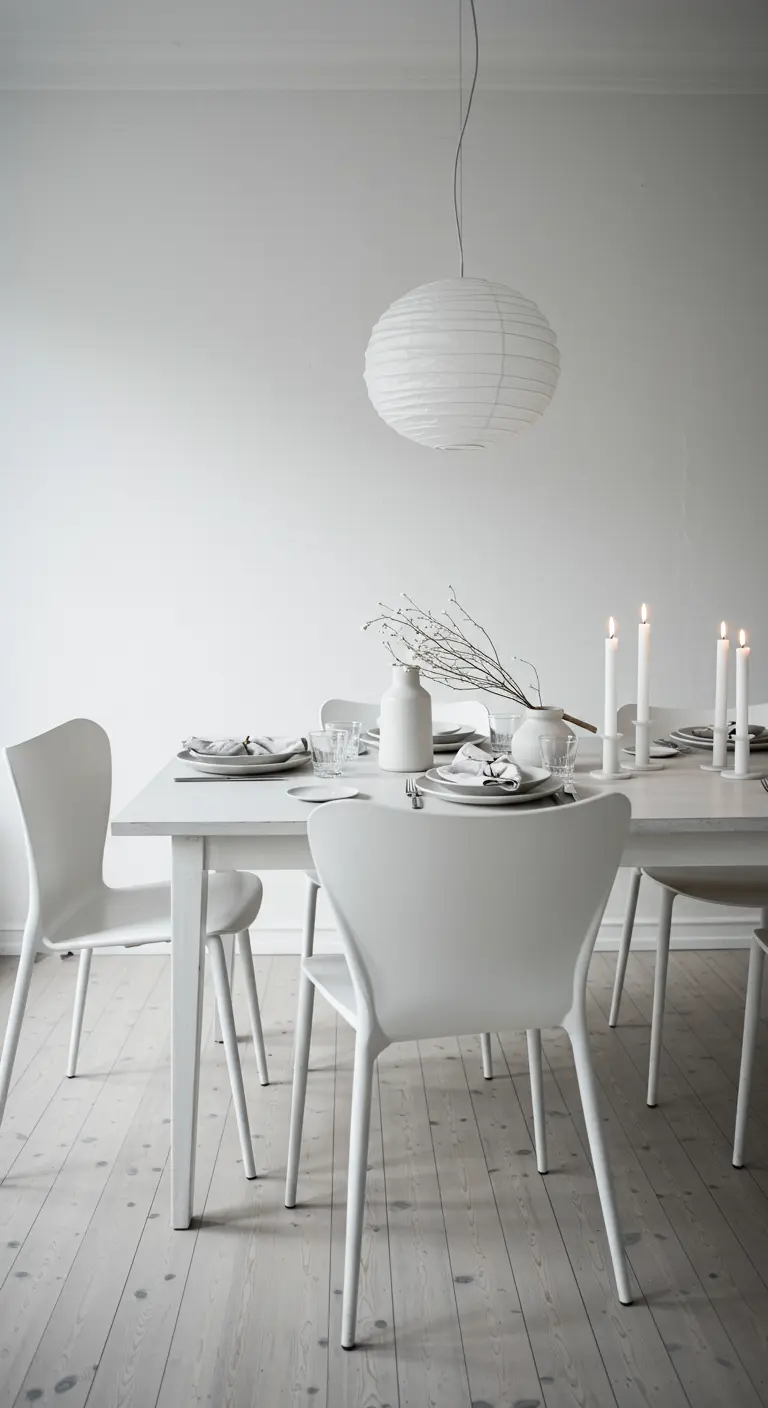 Salle à manger entièrement blanche avec une table de fête minimaliste et une lanterne en papier.