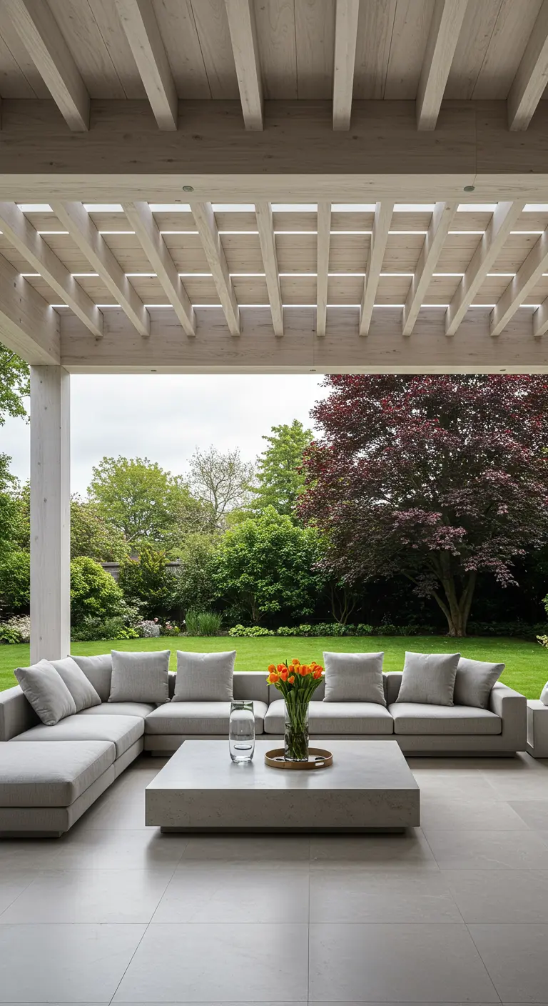 Grande pergola peinte en blanc avec un canapé modulaire gris et une table basse en béton.