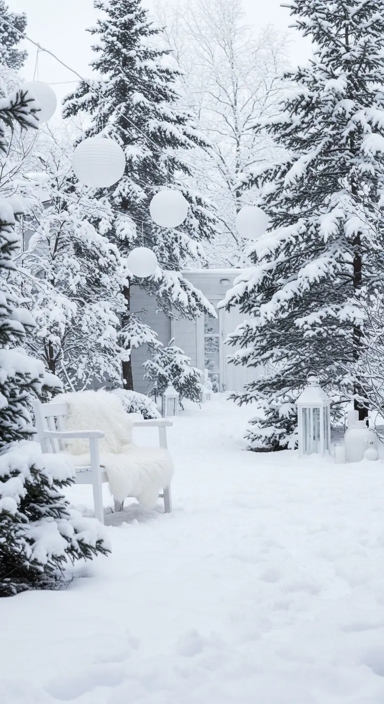 Paysage enneigé avec un banc blanc, des lampions en papier et des sapins.