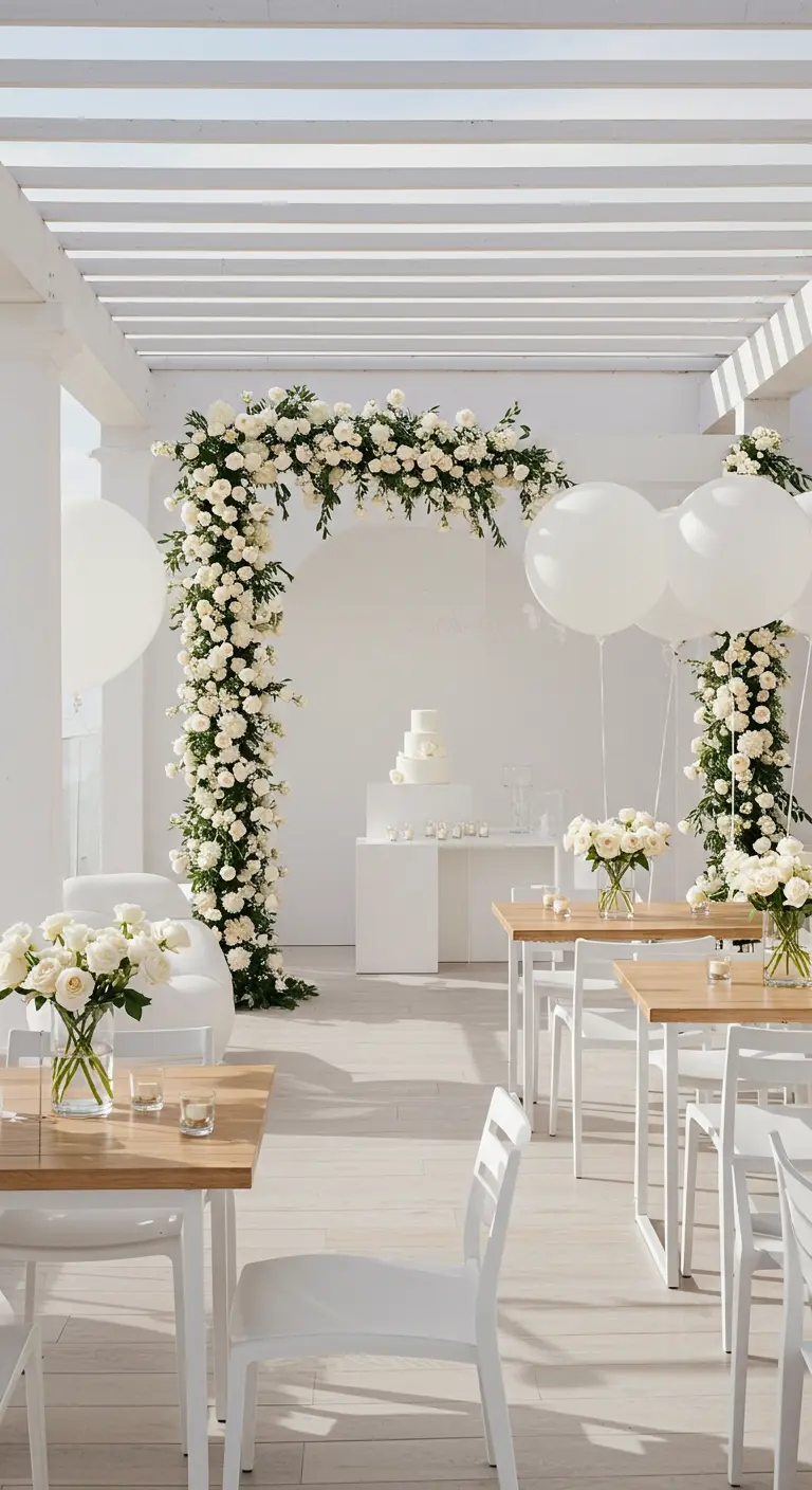 Espace lumineux entièrement blanc avec une arche de roses blanches, tables en bois clair et ballons blancs.