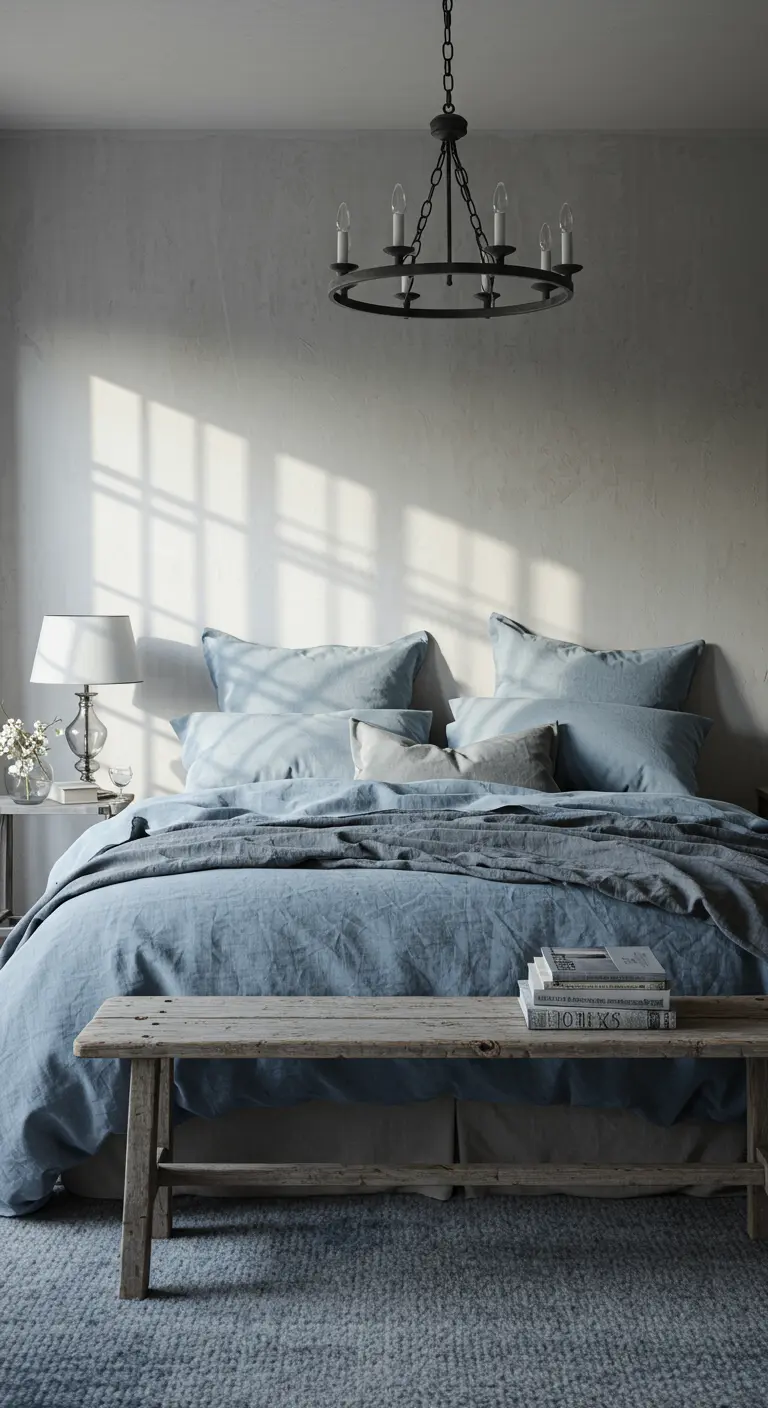Chambre minimaliste avec murs texturés, linge de lit bleu ciel et banc en bois brut.