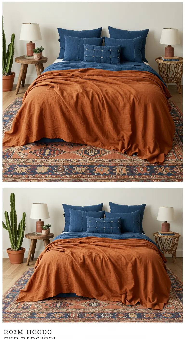 Lit avec des coussins bleu denim et un grand couvre-lit couleur rouille.