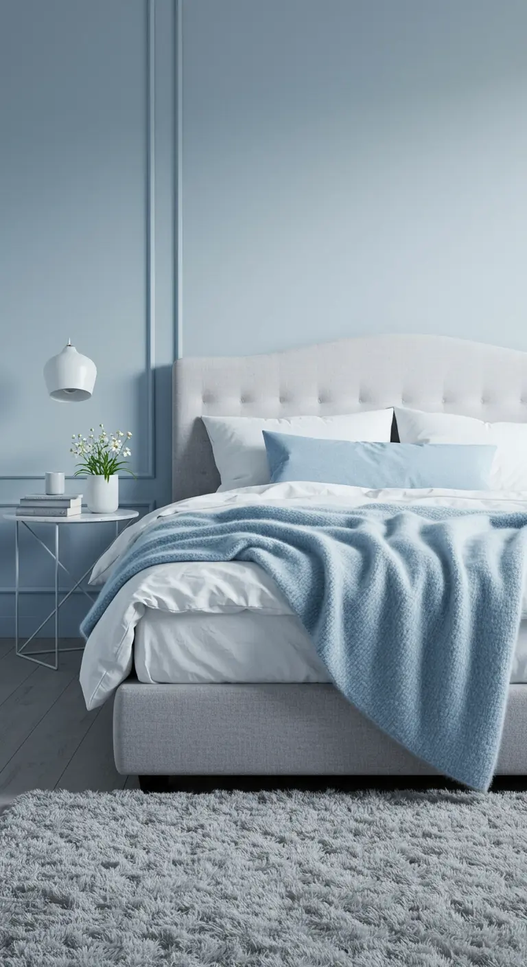 Chambre sereine avec des murs bleu glacier, un lit gris et un plaid en laine bleu.