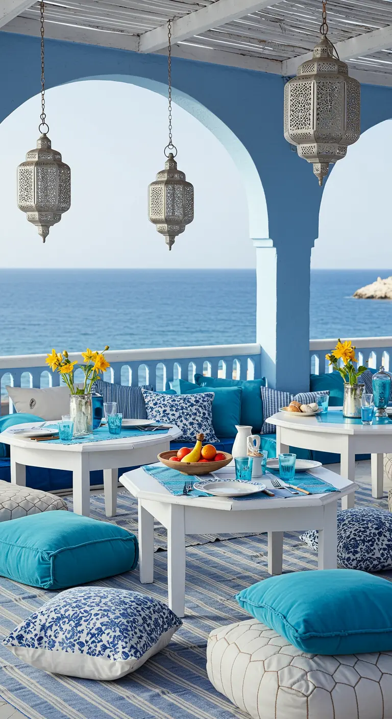 Terrasse méditerranéenne aux murs bleus, tables blanches, coussins bleus et lanternes ajourées.