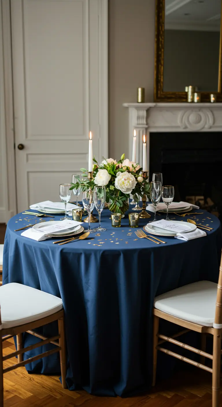 Table de dîner élégante avec une nappe bleu marine, confettis étoiles et vaisselle dorée.