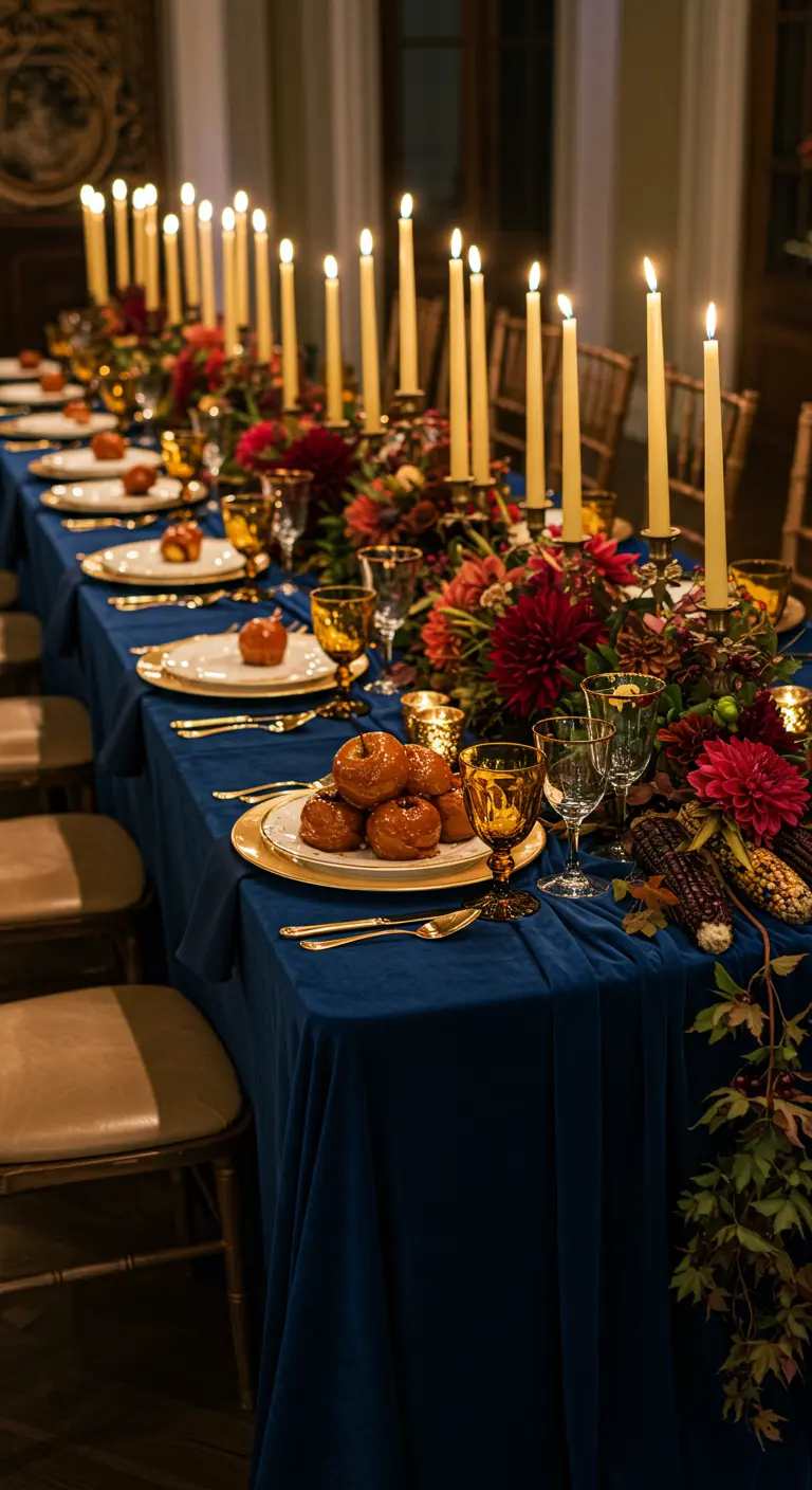 Longue table de banquet avec nappe en velours bleu et fleurs rouges.