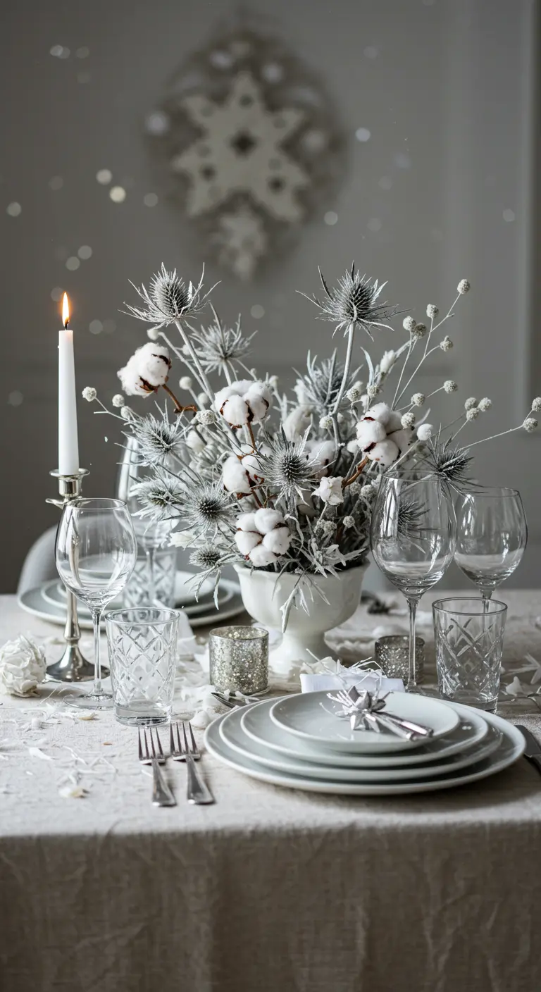Décor de table blanc hivernal avec des chardons et du coton givrés.