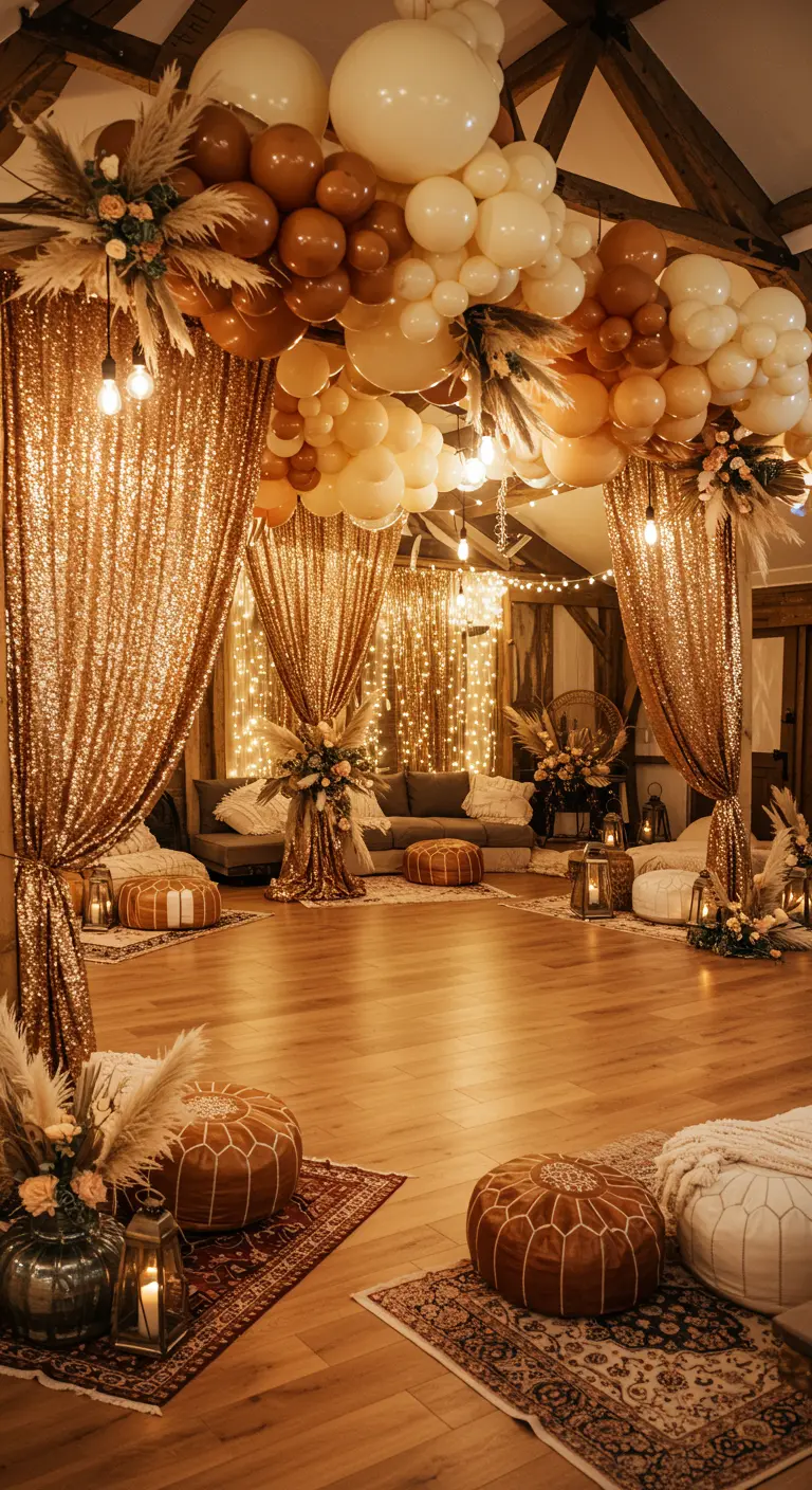 Salle bohème avec rideaux dorés, ballons terreux, coussins de sol et lanternes lumineuses.