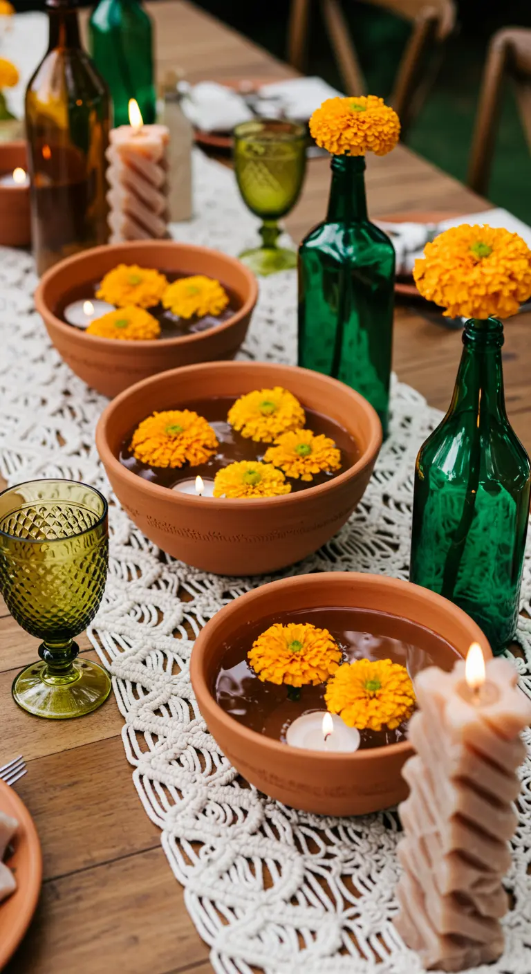 Table bohème avec bols en terre cuite, fleurs de souci et bougies.