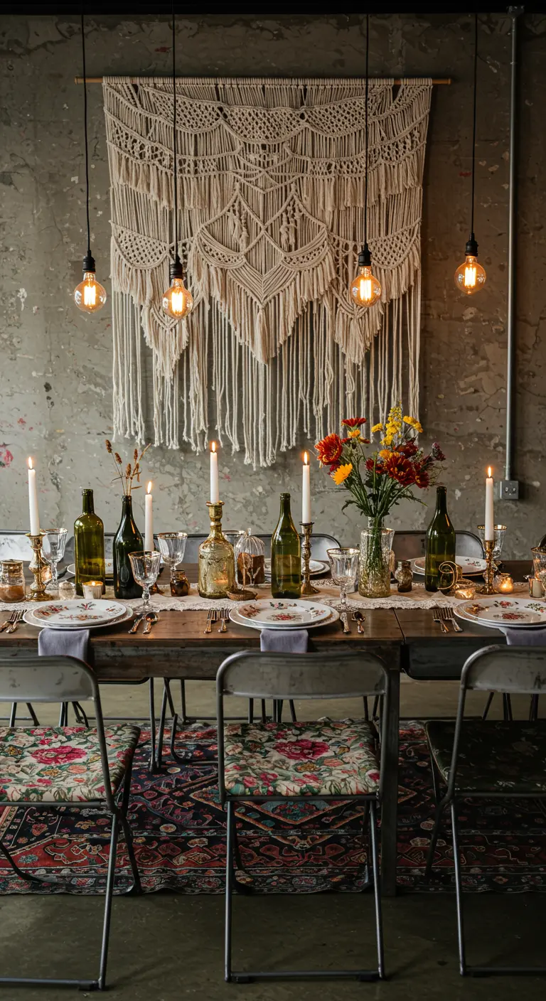 Table dans un loft industriel, avec tenture macramé et ampoules suspendues.