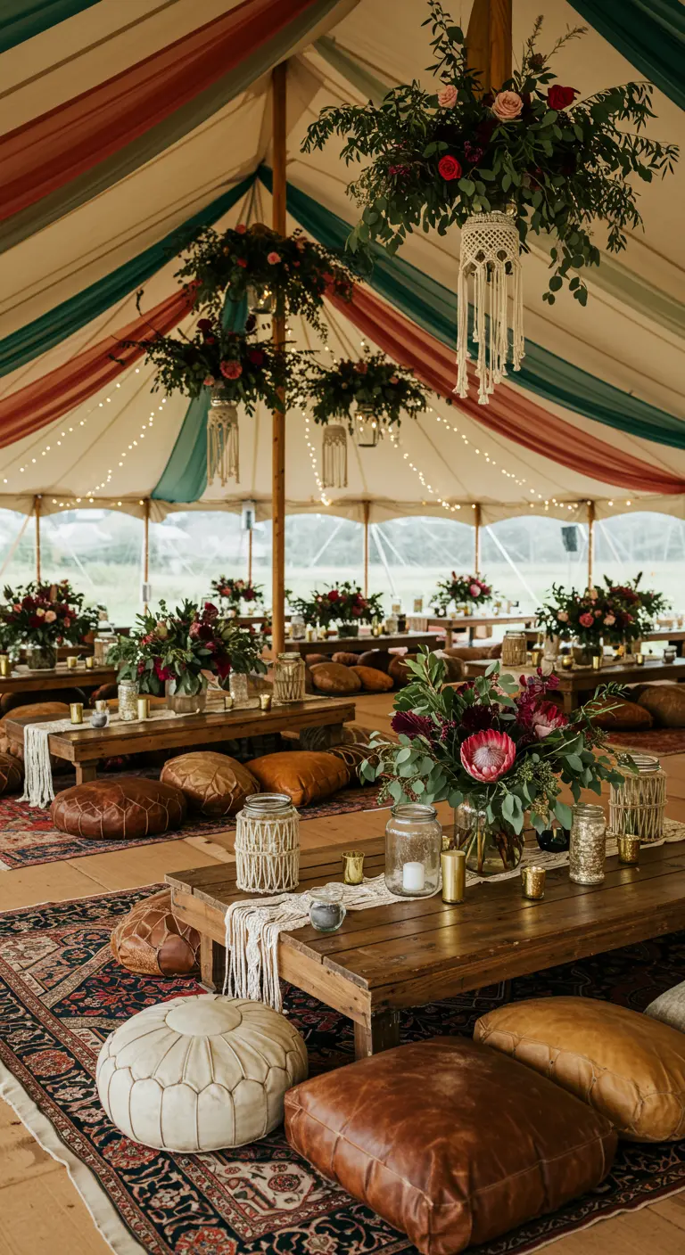 Tente de mariage bohème avec tables basses, coussins, tapis et fleurs luxuriantes en bocaux.