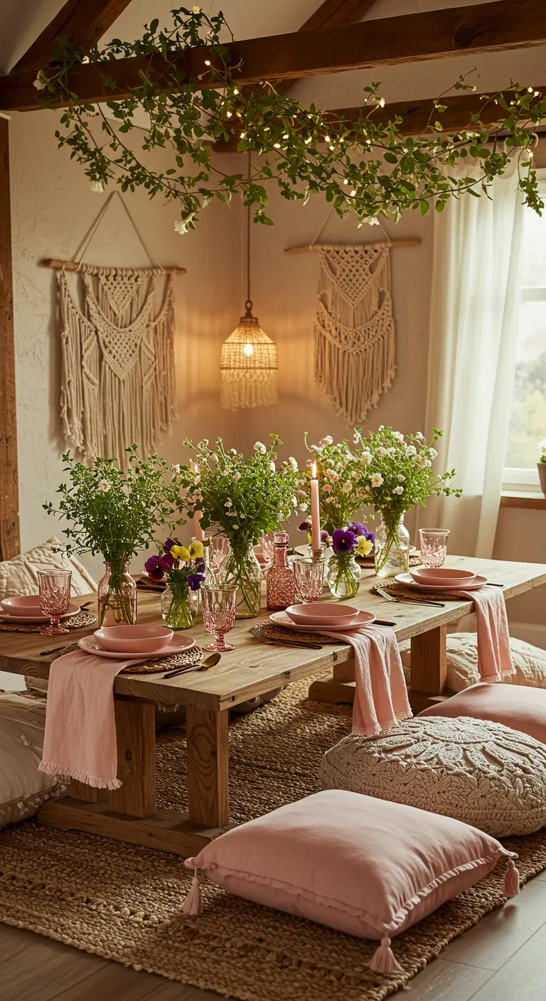 Table bohème basse avec coussins de sol, bougies et vases de fleurs pastel et herbes.