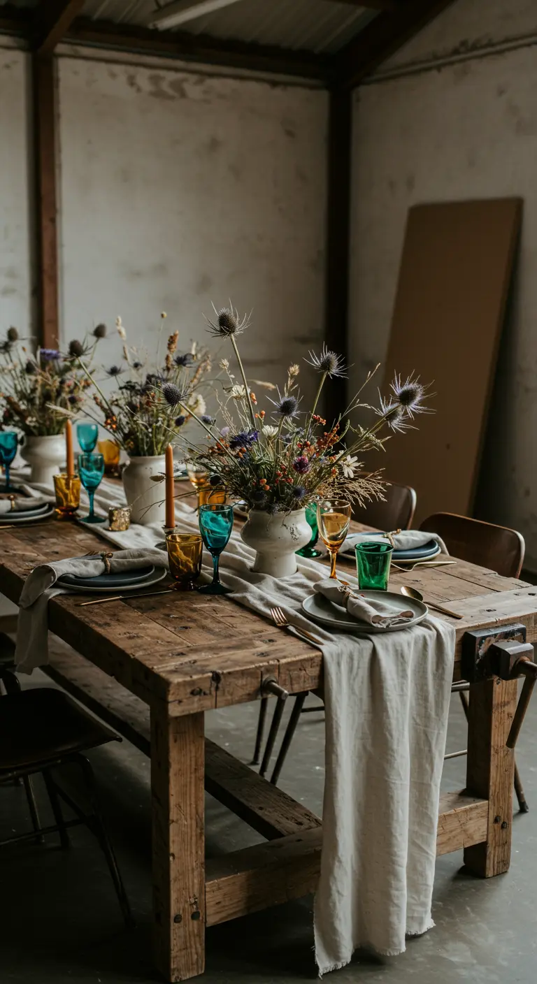 Table rustique avec chemin de table en lin, compositions de chardons et fleurs séchées, verres colorés.