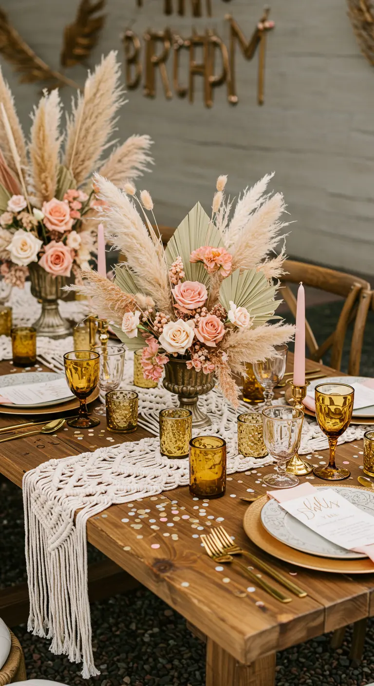 Table de fête bohème avec herbes de la pampa, macramé et vaisselle dorée et ambrée.
