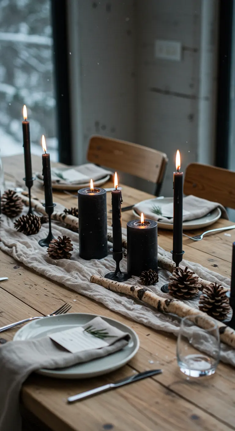 Table en bois avec chemin de table en lin, bougies noires et branches de bouleau.