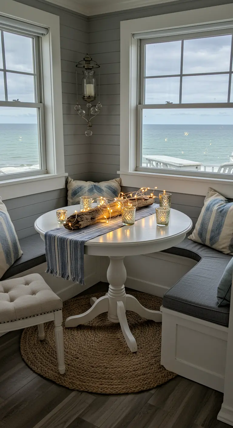 Coin repas avec banquette, table ronde blanche et bois flotté enroulé d'une guirlande lumineuse.