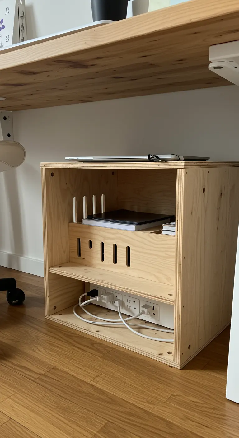 Boîte en contreplaqué sous un bureau, organisant et cachant les câbles et une multiprise