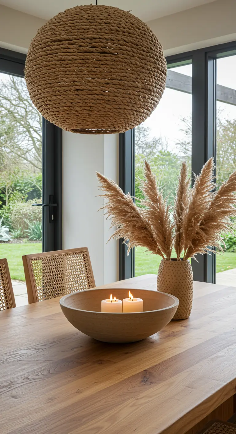 Grand bol en céramique avec des bougies, à côté d'un vase d'herbes de la pampa.