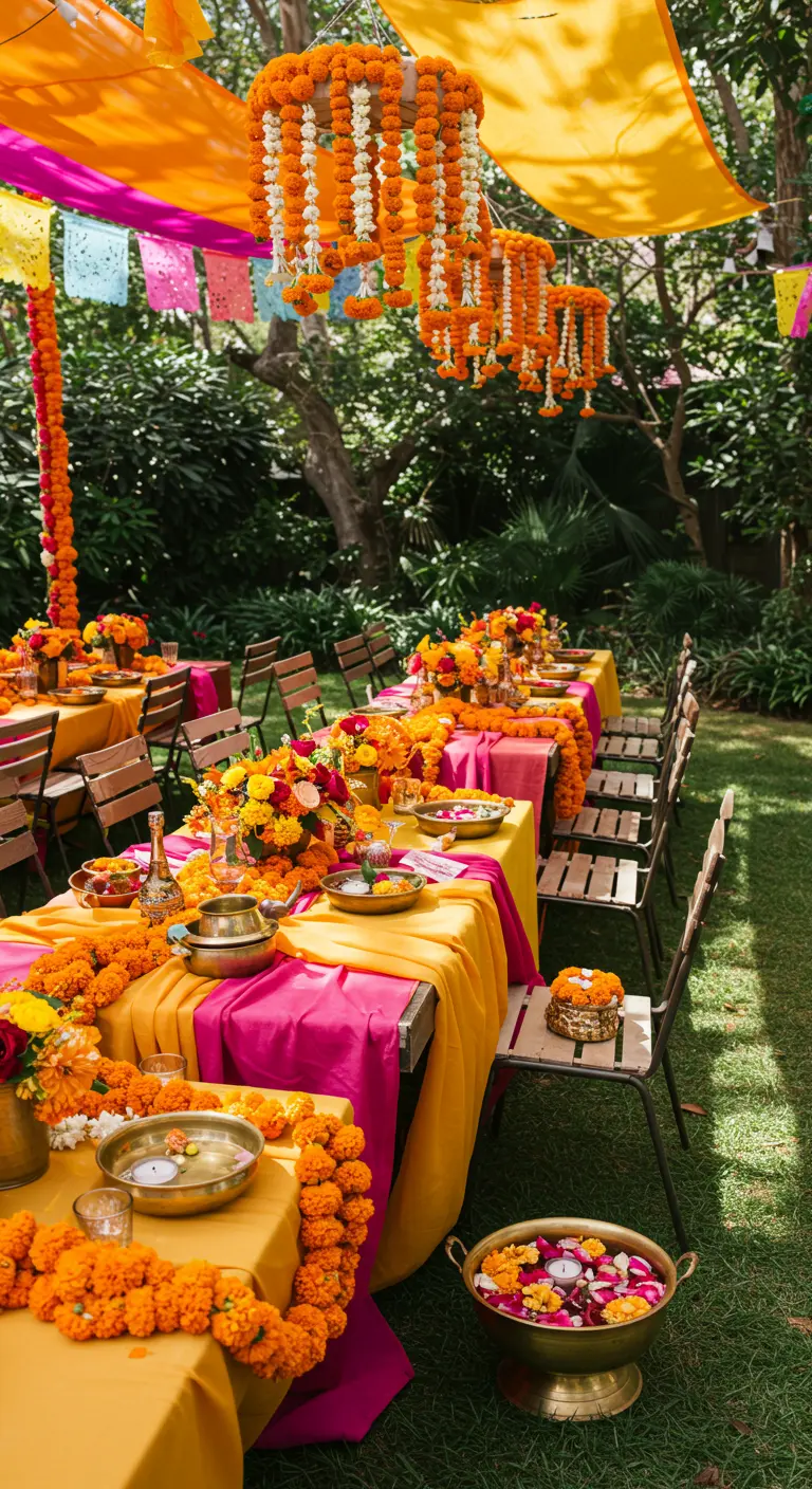 Tables de fête en extérieur avec des guirlandes de soucis orange et des tissus vifs.