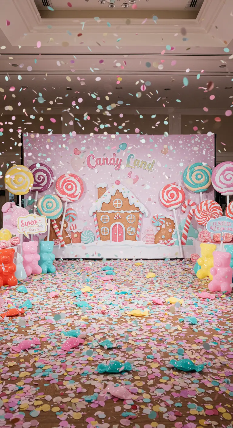 Photobooth Candy Land avec fond de bonbons géants, oursons et sucettes en décor, confettis pastel.