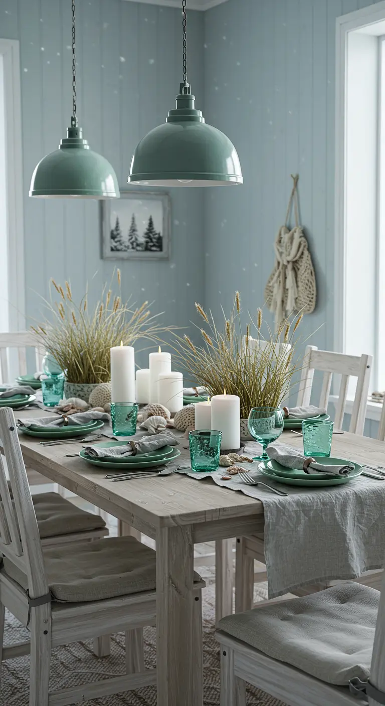 Table de fête dans une pièce aux murs bleu-gris, avec des herbes hautes en centre de table.