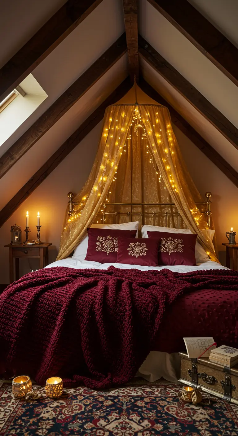 Chambre sous les combles avec un lit en laiton, un baldaquin illuminé et une literie bordeaux.