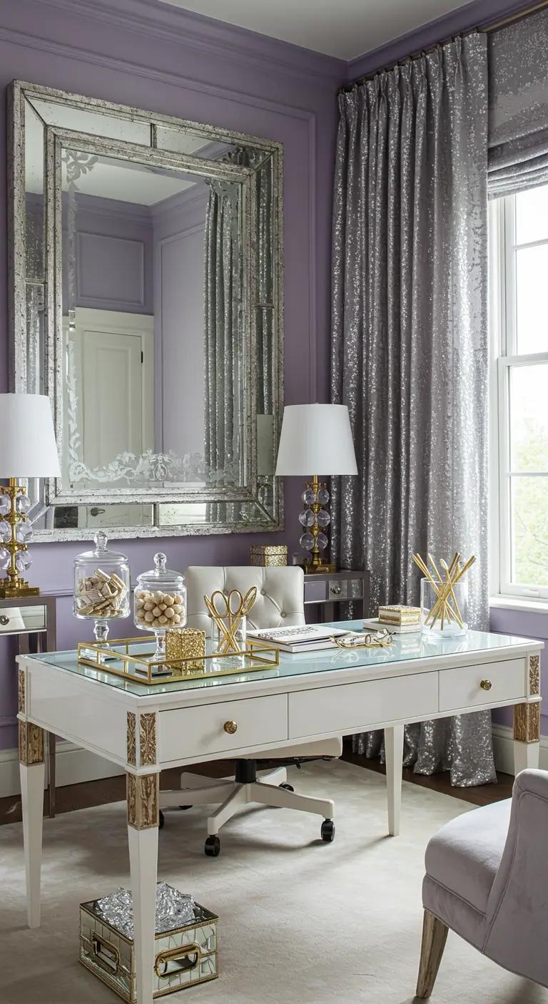 Bureau blanc et or dans une pièce parme, avec un miroir vénitien et des rideaux à sequins.