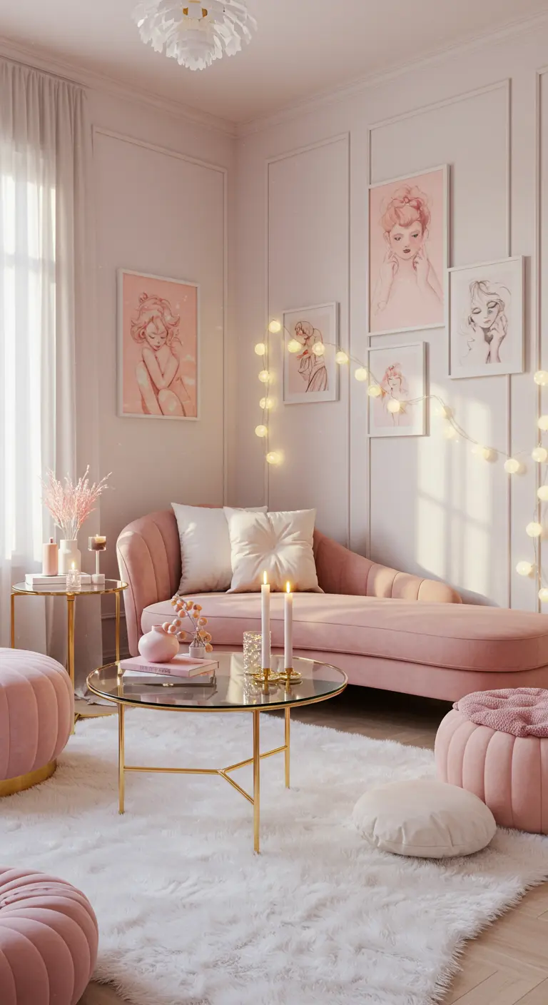Boudoir romantique avec méridienne en velours rose, tapis shaggy blanc, table basse dorée et guirlande lumineuse.