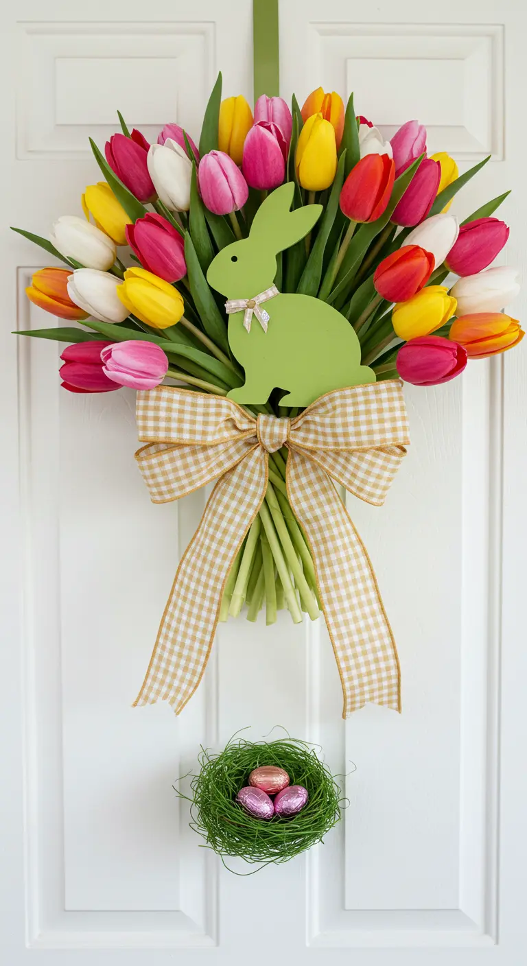 Bouquet de tulipes colorées suspendu à une porte avec un lapin vert.