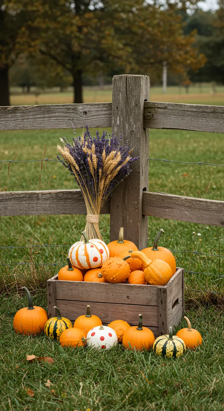 Caisse en bois avec des citrouilles et un bouquet de blé et de lavande séchés.