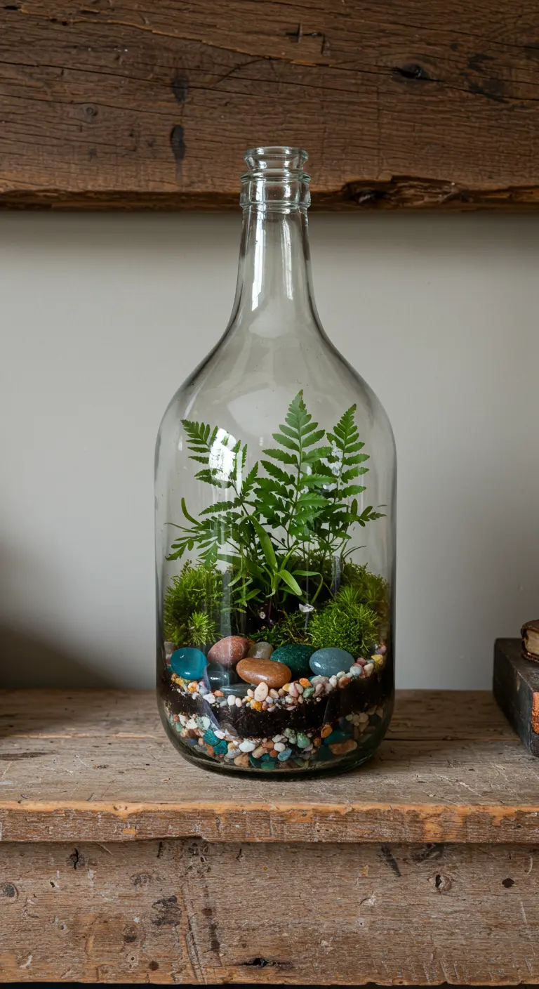 Terrarium dans une grande bouteille en verre, avec fougère, mousse et couches de sable et pierres colorées.