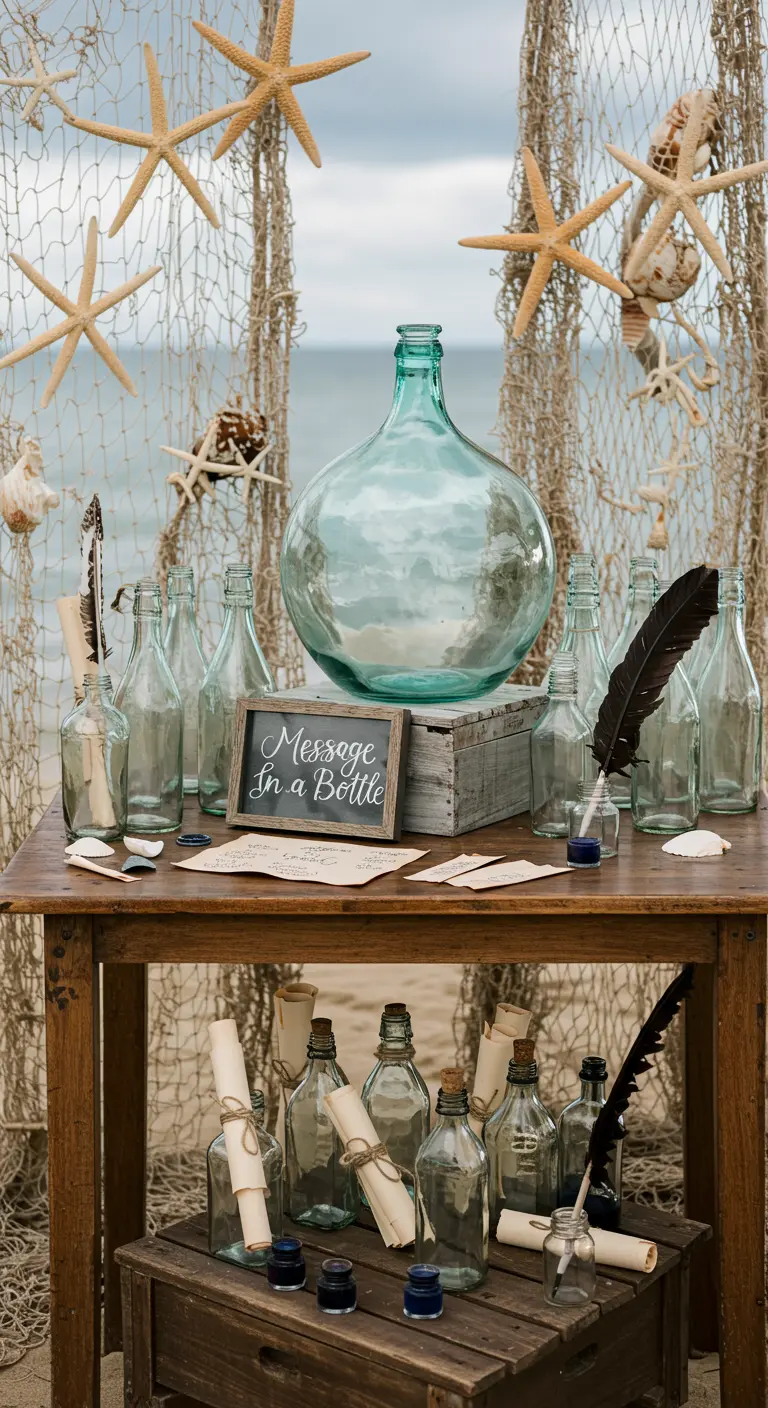 Table avec des bouteilles en verre, du papier et des plumes pour écrire des messages.