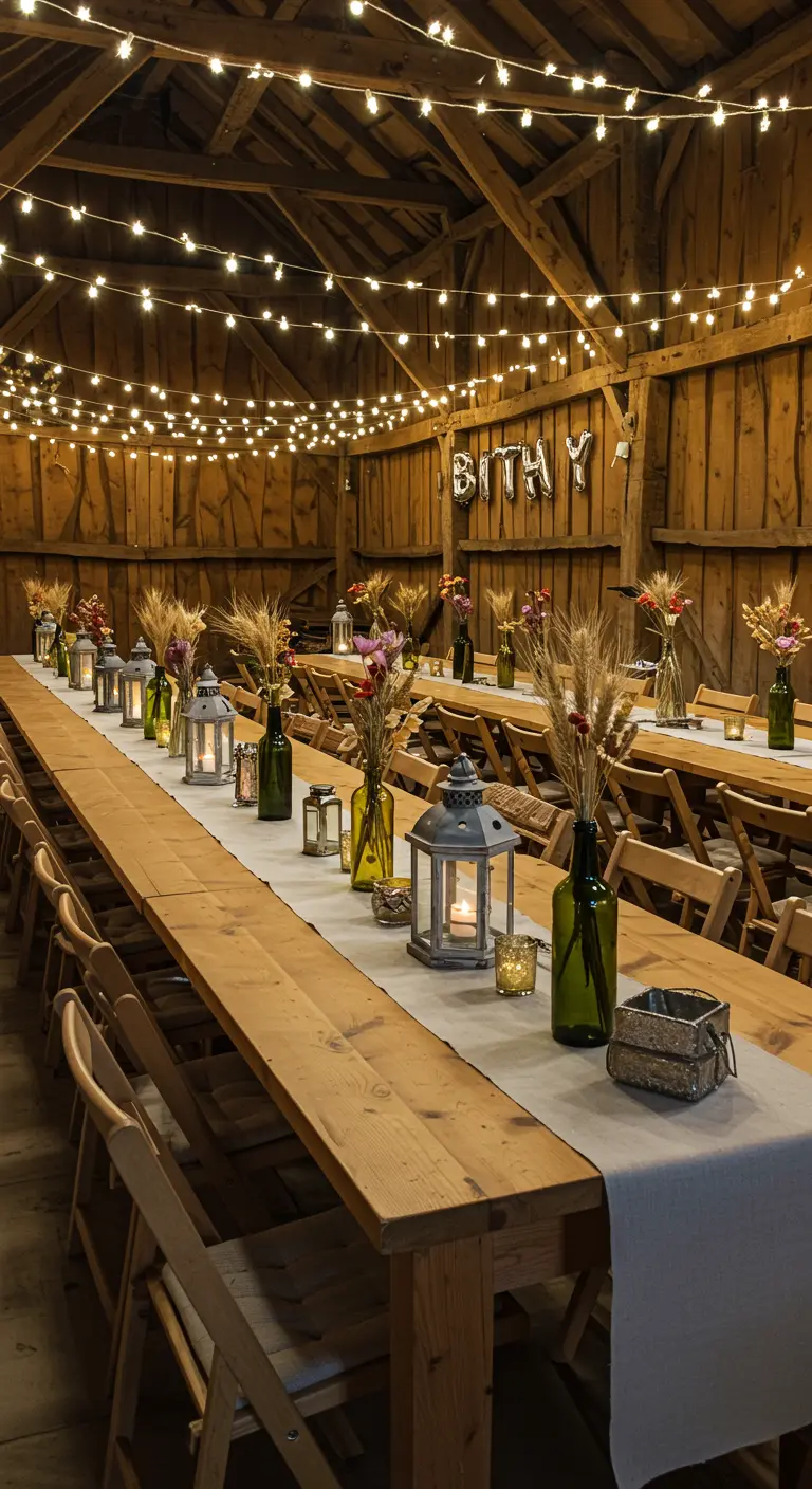 Longue table dans une grange illuminée, avec des bouteilles en guise de vases.