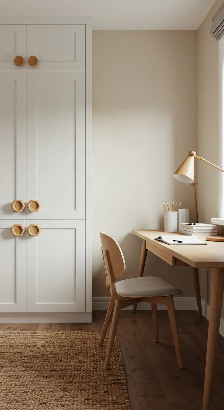Armoire blanche avec de gros boutons de porte en bois de forme géométrique et texturée