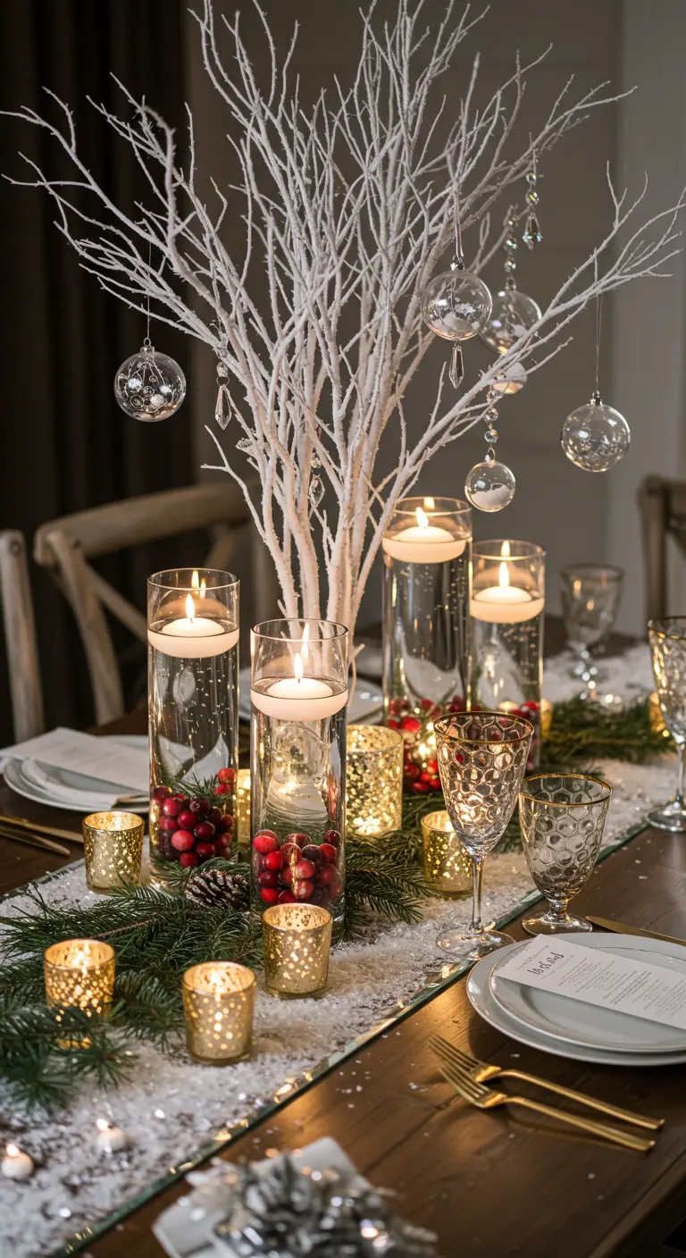 Centre de table avec branches blanches, bougies flottantes et canneberges.